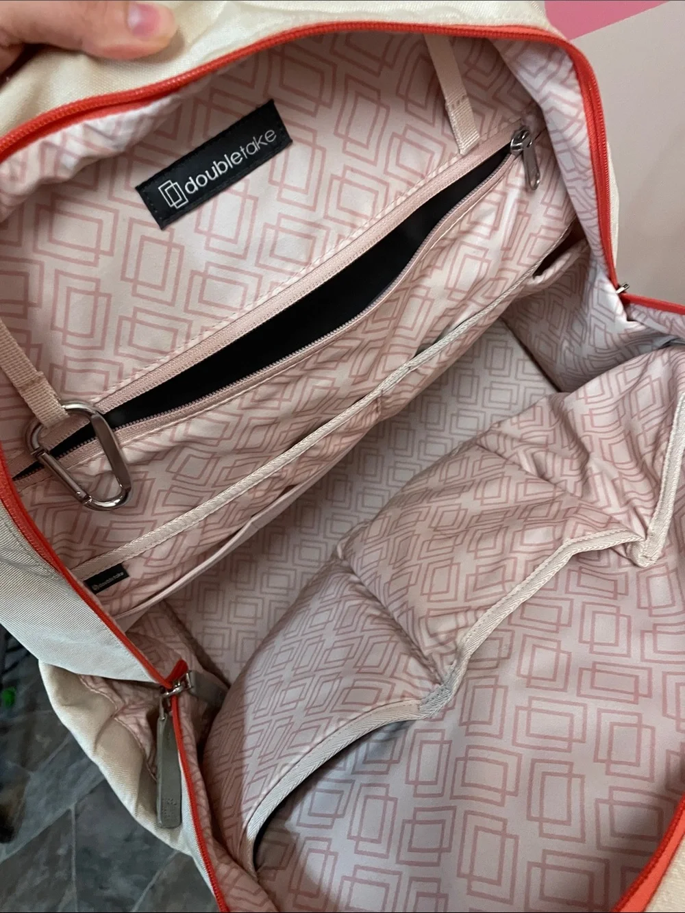 Canvas Backpack Tote in Cream with Gray Trim and Red Zip